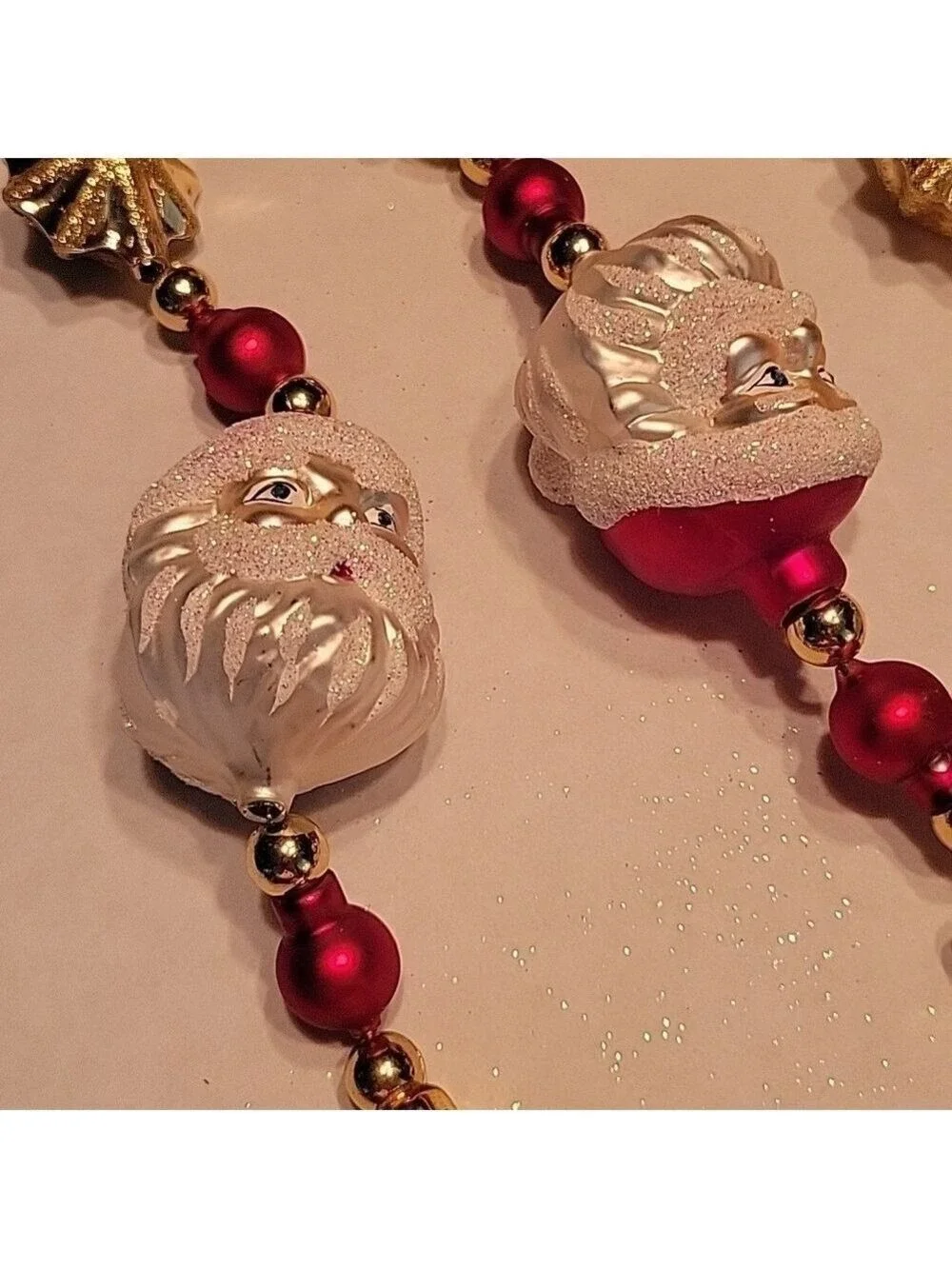 Glass Molded Shimmery Santa Face/Gold Star Christmas Tree Garland